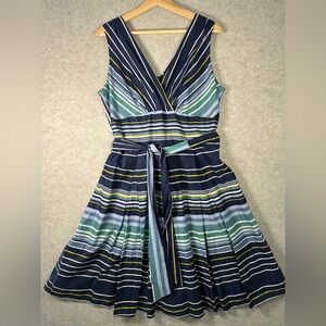 Rabbit Pleated Sleeveless Summer Cotton Midi Dress Navy Striped V-Neck A-line 14